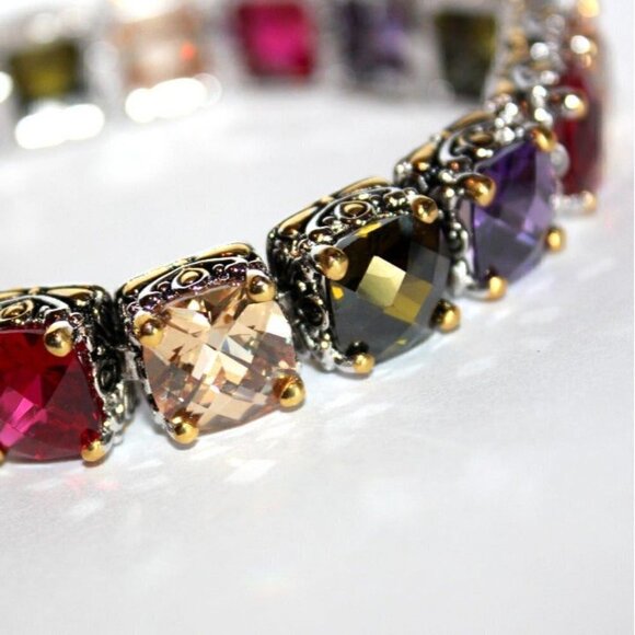 Multicolor Womens Glam Two Tone Throne Room Chunky Tennis Topaz Cz Bracelet 7.5" - Picture 5 of 6